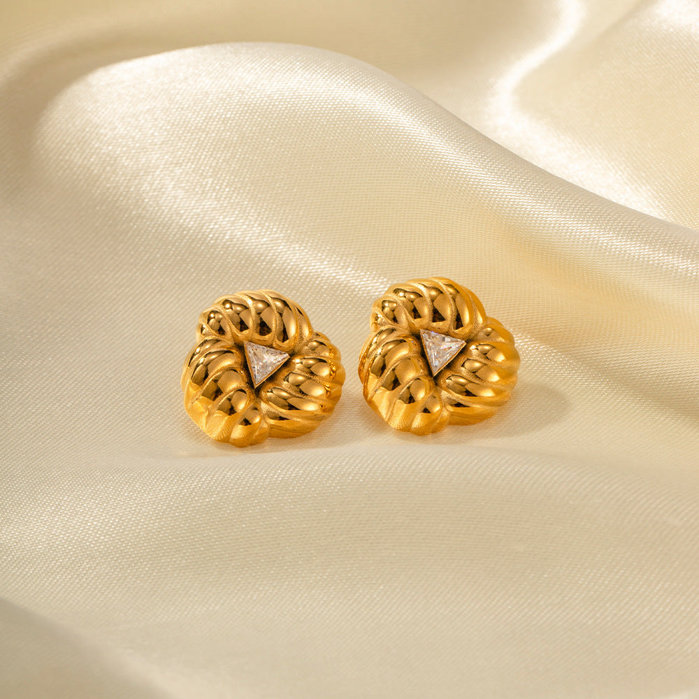 5pcs Geometric Premium Sense 18K Gold Stainless Steel Zircon Retro Set Zircon Petal Earrings