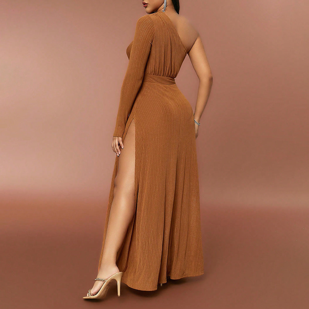 Spring And Autumn New Style Sexy Temperament Women's Dress Slim Shoulder Long Sleeve Slit Casual Dress