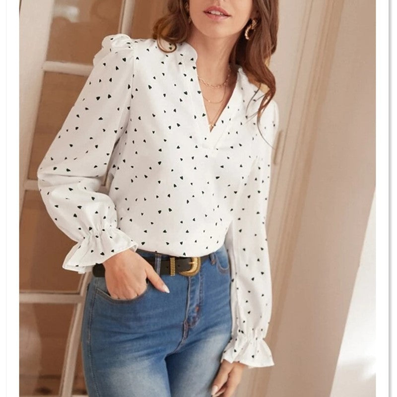 Spring And Autumn Love Printed Long Sleeve V-Neck Retro Flavor