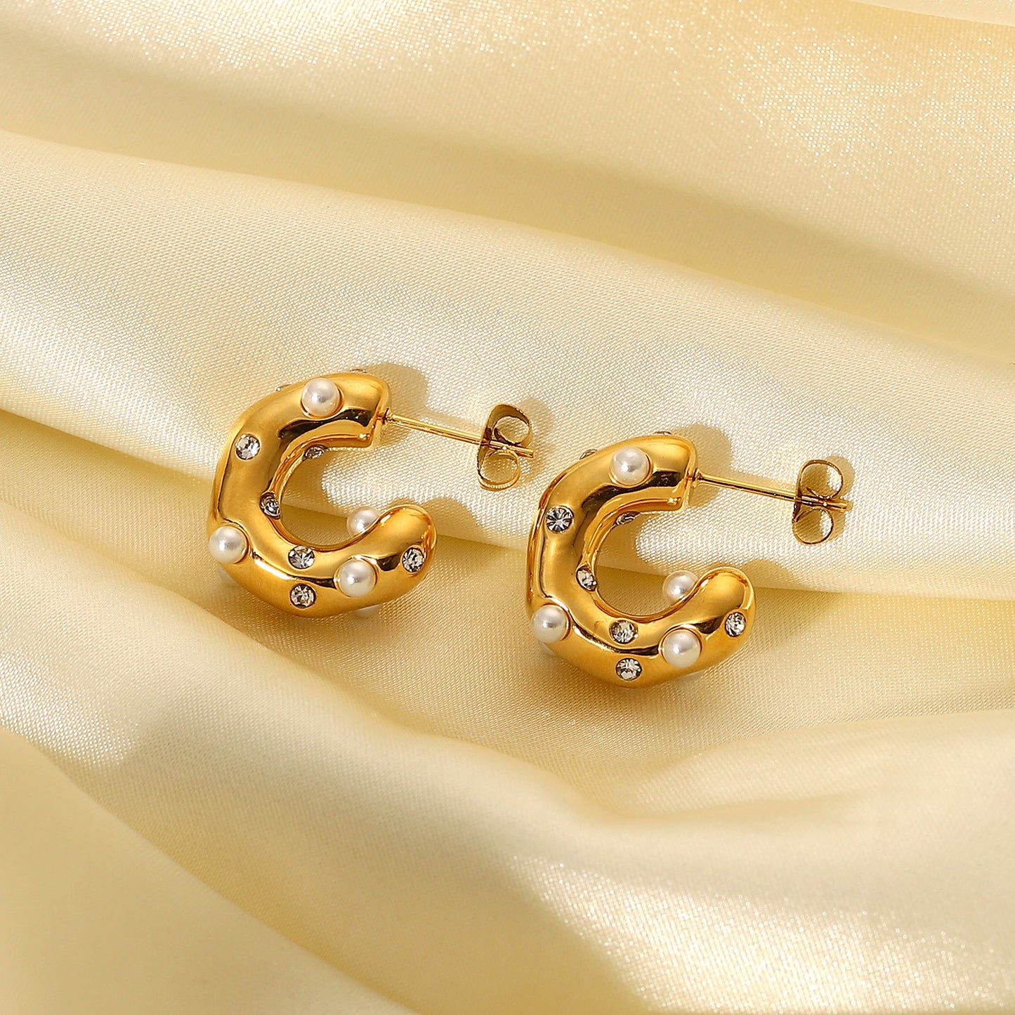 5pcs Fashion C-Shaped Earrings For Women 18K Gold Stainless Steel Hammer Set Zircon Earrings For Women
