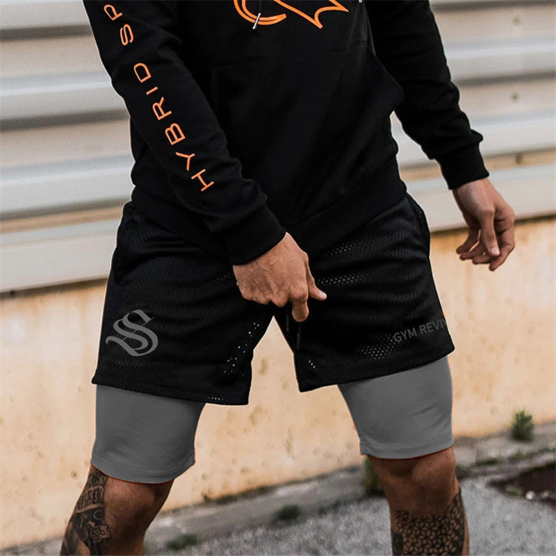 Fitness Shorts Men's Quick Drying Outdoor Sports Large Size Double-Lined Mesh Five Quarter Pants