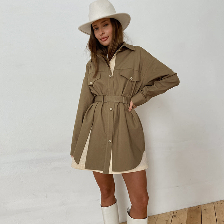 Fashion Long Sleeve Shirt Patchwork Color Contrast Niche Women's Retro Design Sense Shirt Dress Women's Wear