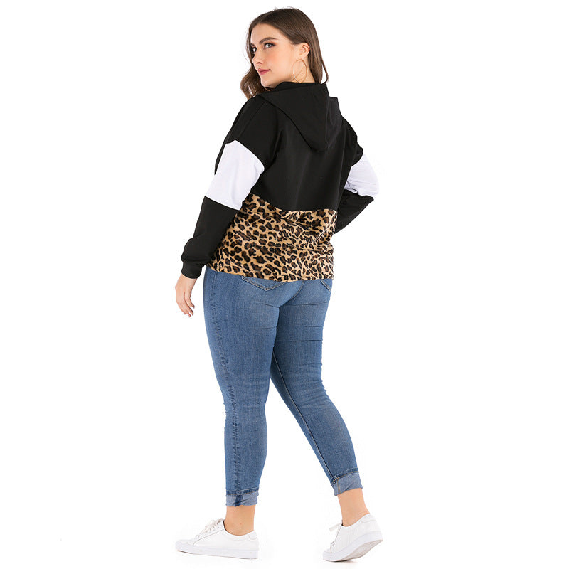 Spliced Plus-Size Plush Leopard Hoodie Women Long Sleeve Thin A Piece Of Hair