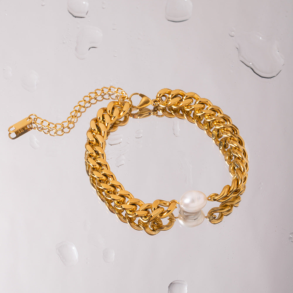 5pcs Stylish New 18K Gold-Plated Stainless Steel Cuban Chain Single Pearl Bracelet Individually Packaged Women's Bracelet