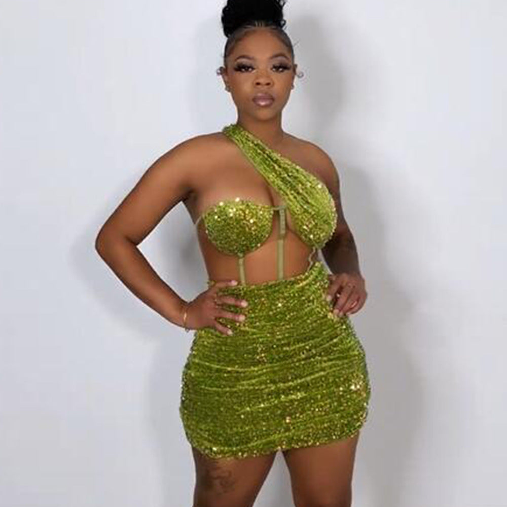 Green Sequin Mesh Perspective Oblique Shoulder Backless Chest Wrap Pleated Hip Skirt Wish Dress Female