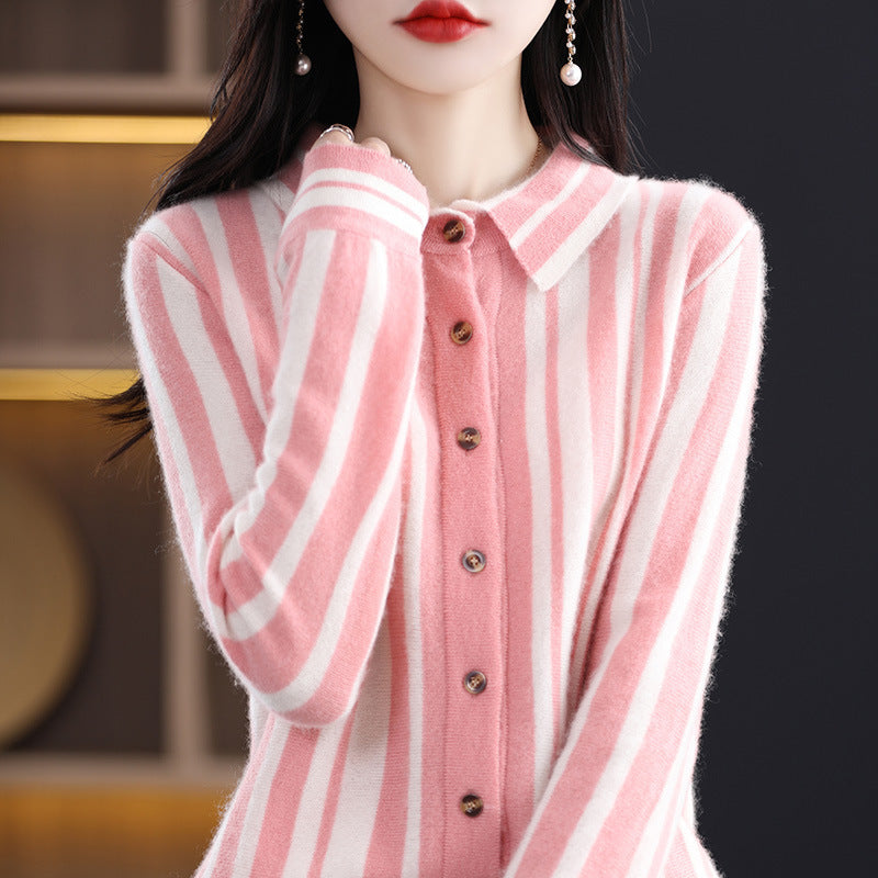 Spring And Autumn New Polo Collar Vertical Stripes Pure Wool Shirt Female Korean Version Patchwork All Matching Thin Wool Knitted Cardigan