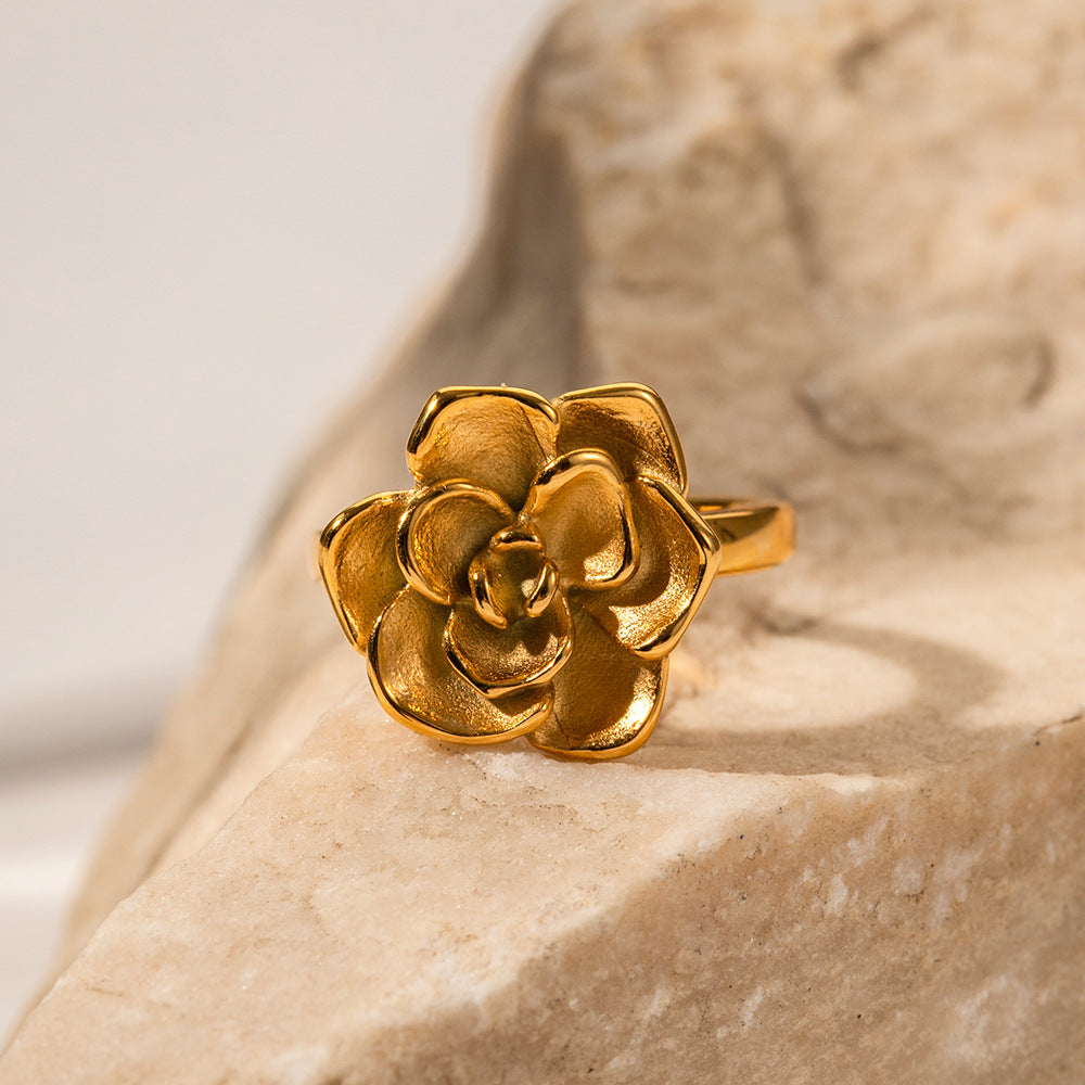 5pcs 18K Gold Stainless Steel Mountain Flower Open Ring Women's Fashion All Match Without Fading Hand Jewelry