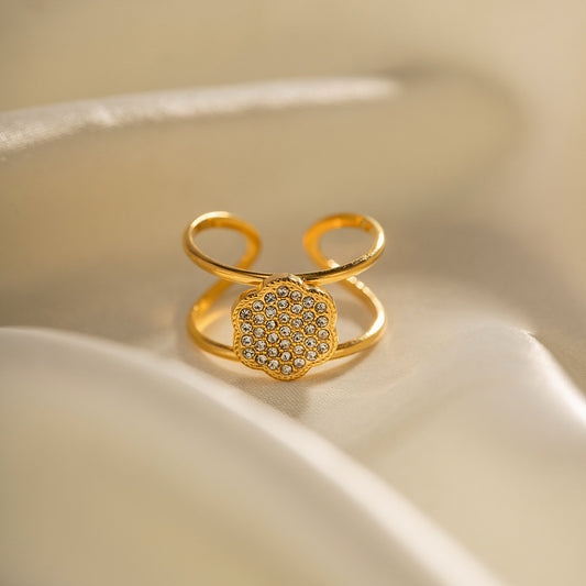 5pcs 18K Gold Full Zirconium Round Floral Open Ring Does Not Fade Niche Design All-Match Ring