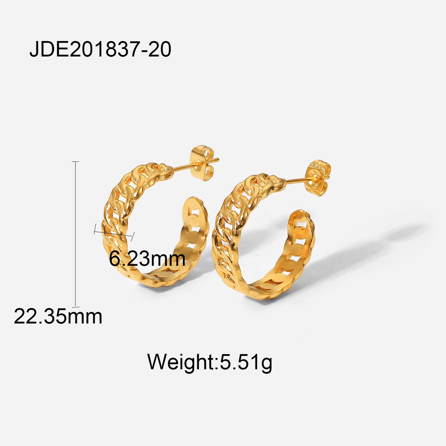 5pcs 18K Gold-Plated Stainless Steel Hoop Earrings 35Mm Gold Titanium Steel Cuban Chain C-Chain Earrings For Women