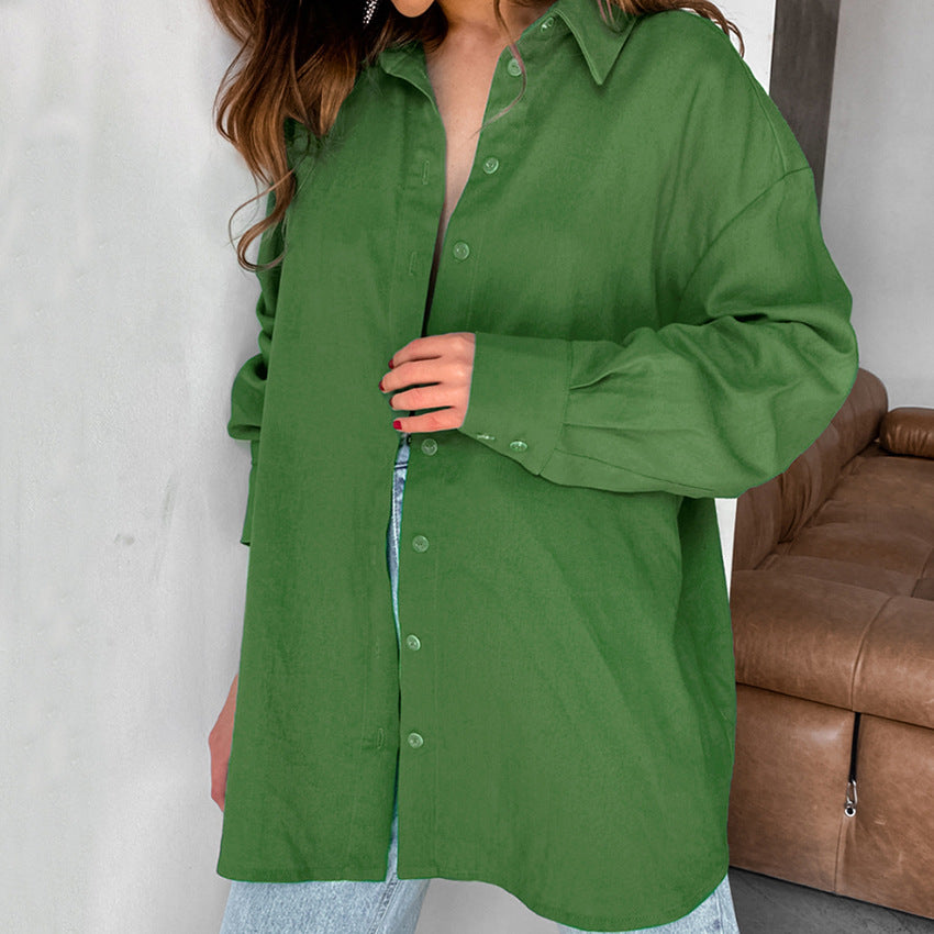Spring Green Cotton Hemp Temperament Lapel Loose Women's Shirt Fashion Top