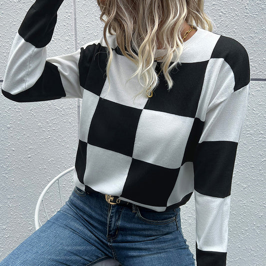 New Autumn And Winter Fashion Women's Long-Sleeved Black And White Checkerboard Sweater