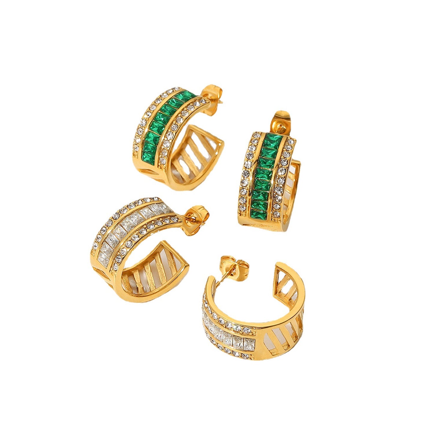 5pcs New Women's Titanium Steel Earrings 18K Gold Square Diamond Hollow Earrings Transparent Diamond/Green Diamond Earrings Stainless Steel Earrings