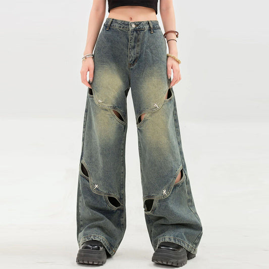 Wide-Leg Jeans Women's High Street Heavy Hollowed-Out Mops Vintage Long Pants