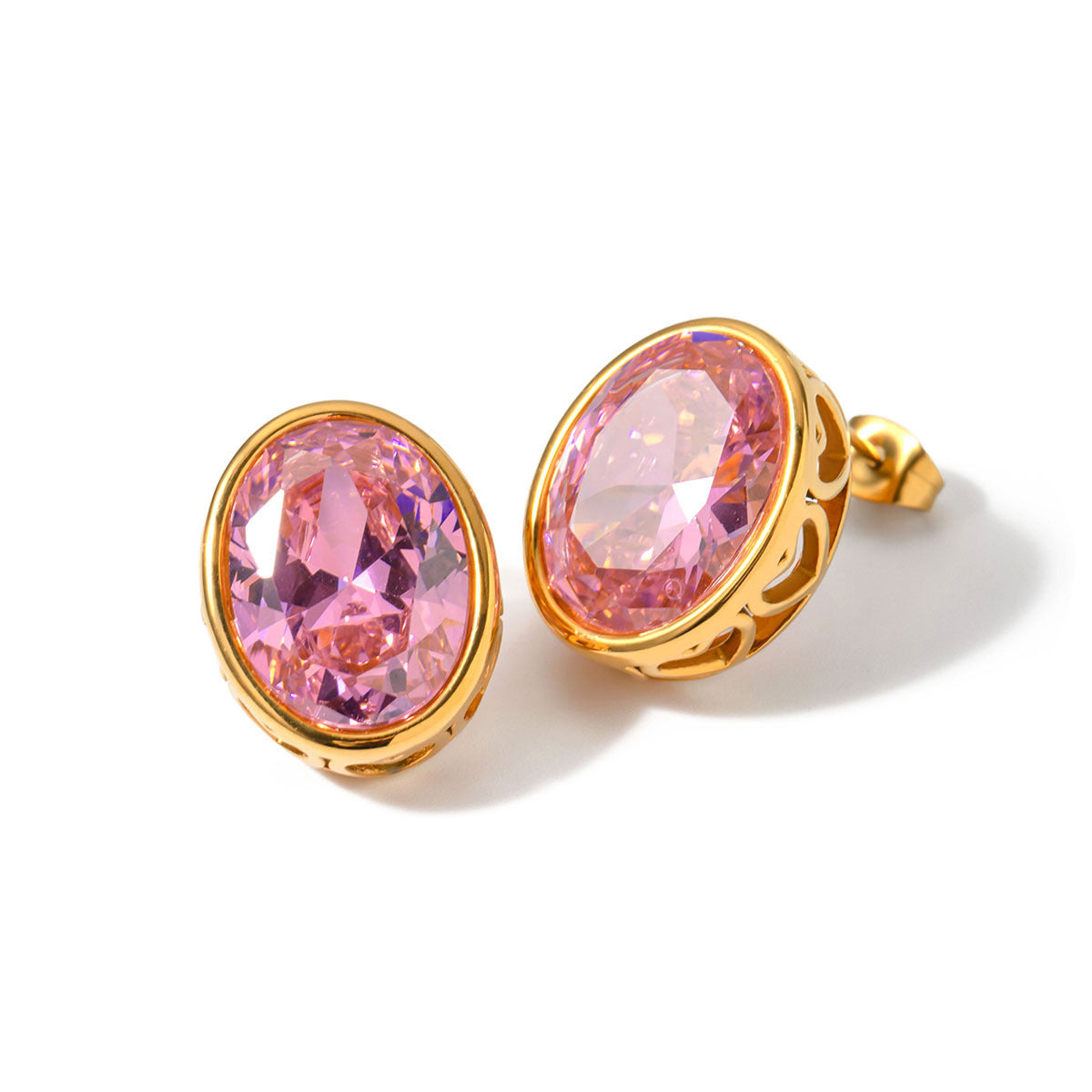 5pcs 18K Gold Stainless Steel Oval Hollow Inlaid Zircon Earrings Temperament Design Earrings