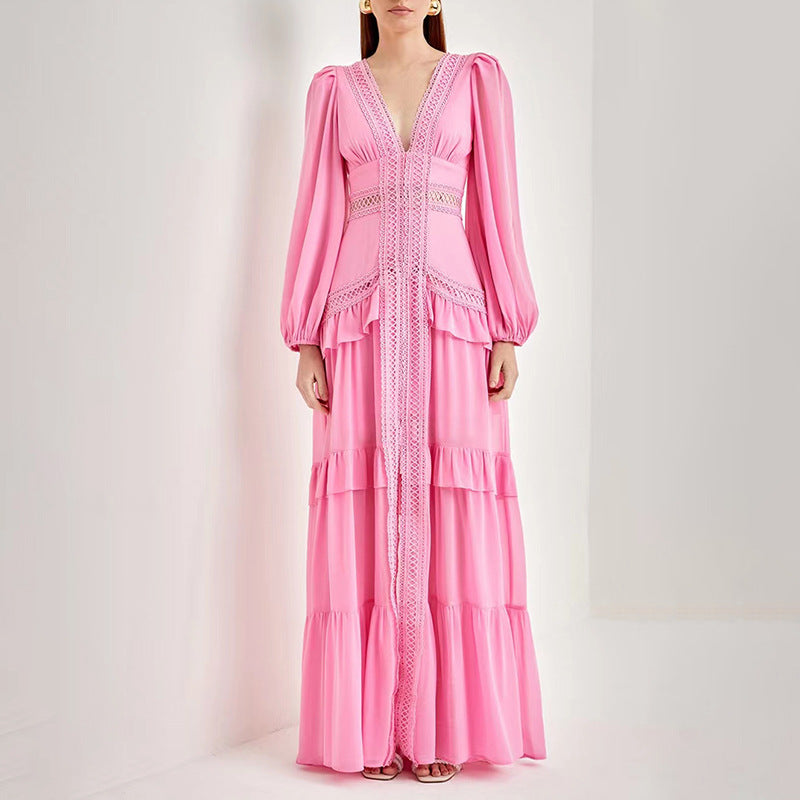 Royal Style Spring Deep V-Neck Lace Hollow Design Long Long Sleeve Solid Color Slit Dress