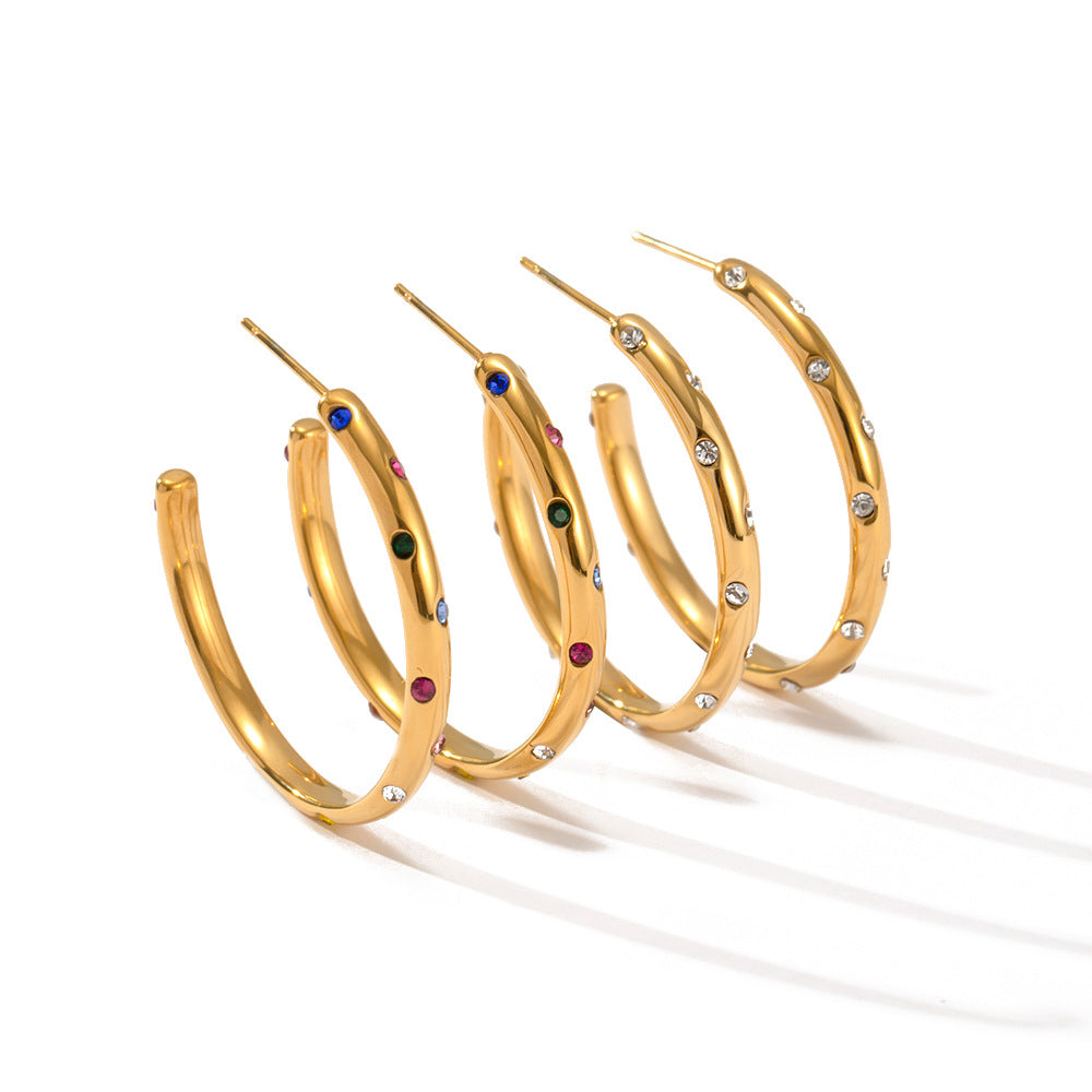 5pcs Vintage Style 18K Gold Stainless Steel Big C Inset Color Zircon Earrings White Zircon Earrings