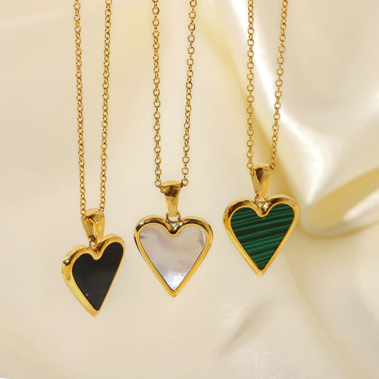 5pcs 18K Gold White Shell/Green Peacock Stone/Black Shell Love Pendant Necklace Titanium Steel Jewelry For Women