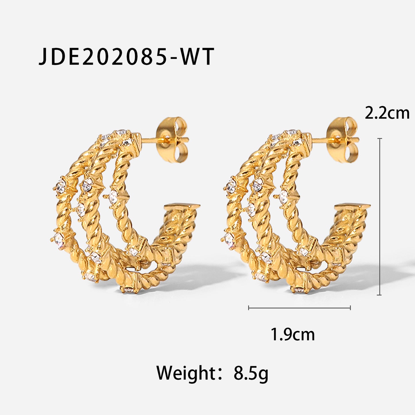 5pcs Ethos Gold Zircon C-Shaped Earrings Fashion Stainless Steel Vacuum Plating Fashion Personality Jewelry Earrings For Women