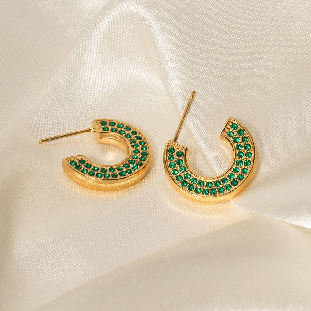5pcs New All-Match 16K Gold Stainless Steel C Shape Green Zircon Earrings Fashion Earrings