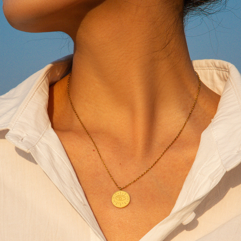 5pcs New Devil's Eye Round Pendant Necklace 18K Gold Vintage Fashion Women's Choker Headpiece Jewelry