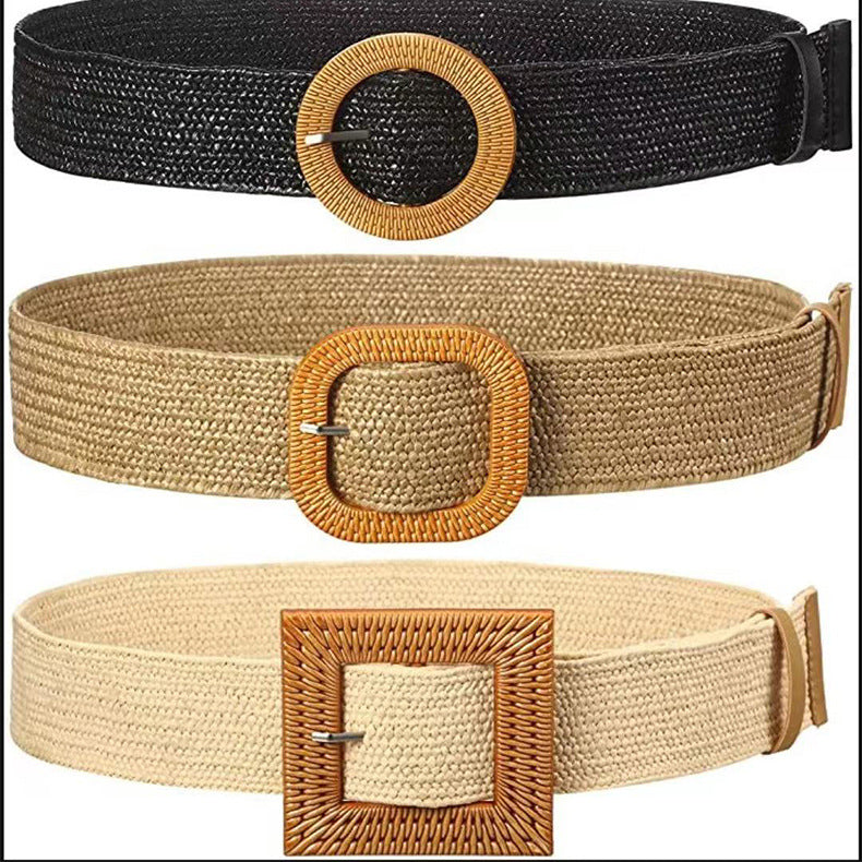 Cotton Hemp Wind Pp Grass Woven Belt For Women Round Square Buckle Dress Gown Decoration Belt