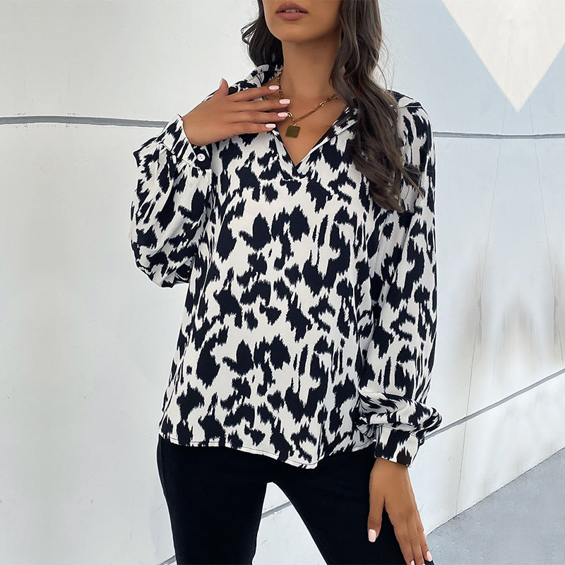 Women's New Lapel Long-Sleeved Leopard Print Shirt Women