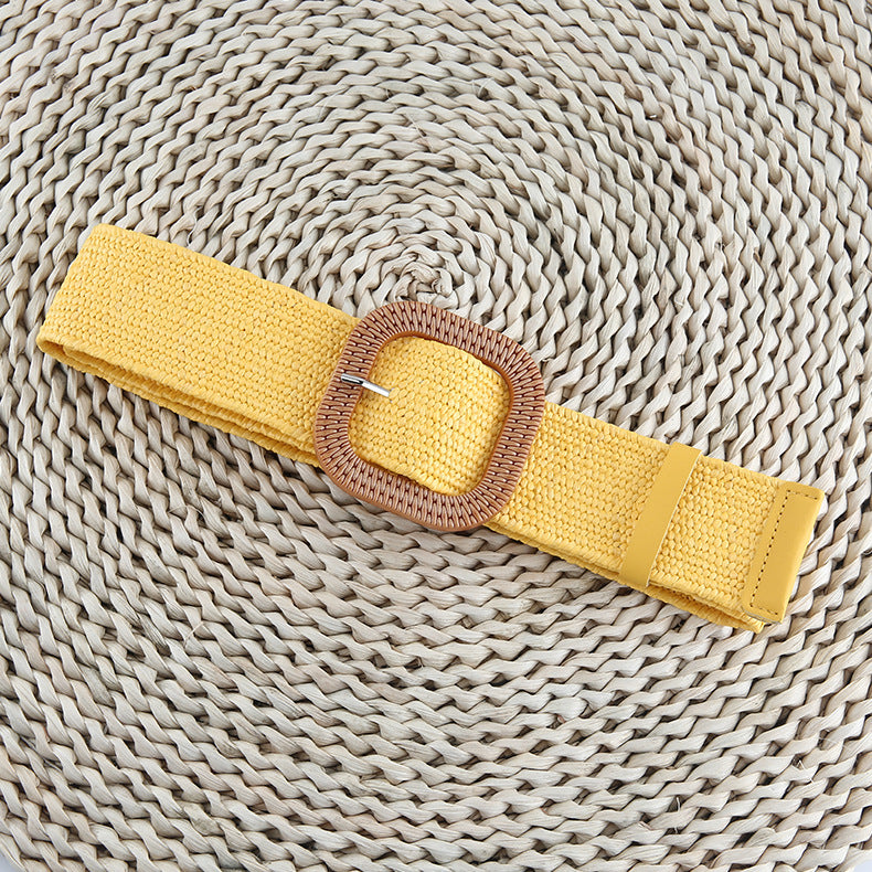 Cotton Hemp Wind Pp Grass Woven Belt For Women Round Square Buckle Dress Gown Decoration Belt