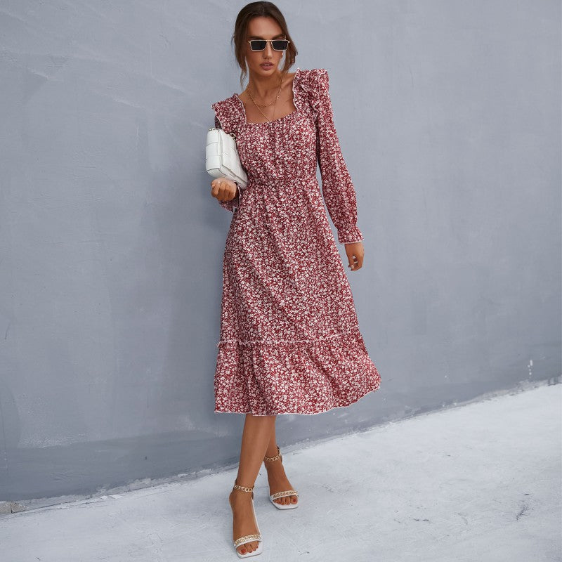 New Fashion Spring Women's Long-Sleeved Floral Square Collar Dress