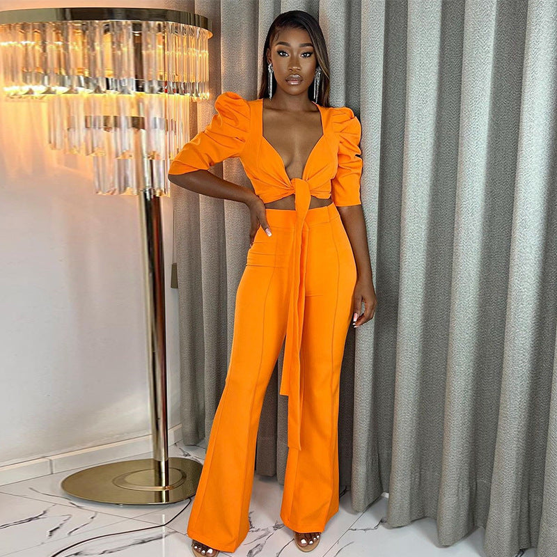 Women's Autumn And Winter New Sexy Bubble Sleeve Low Neck Short Top High Waist Pants Suit