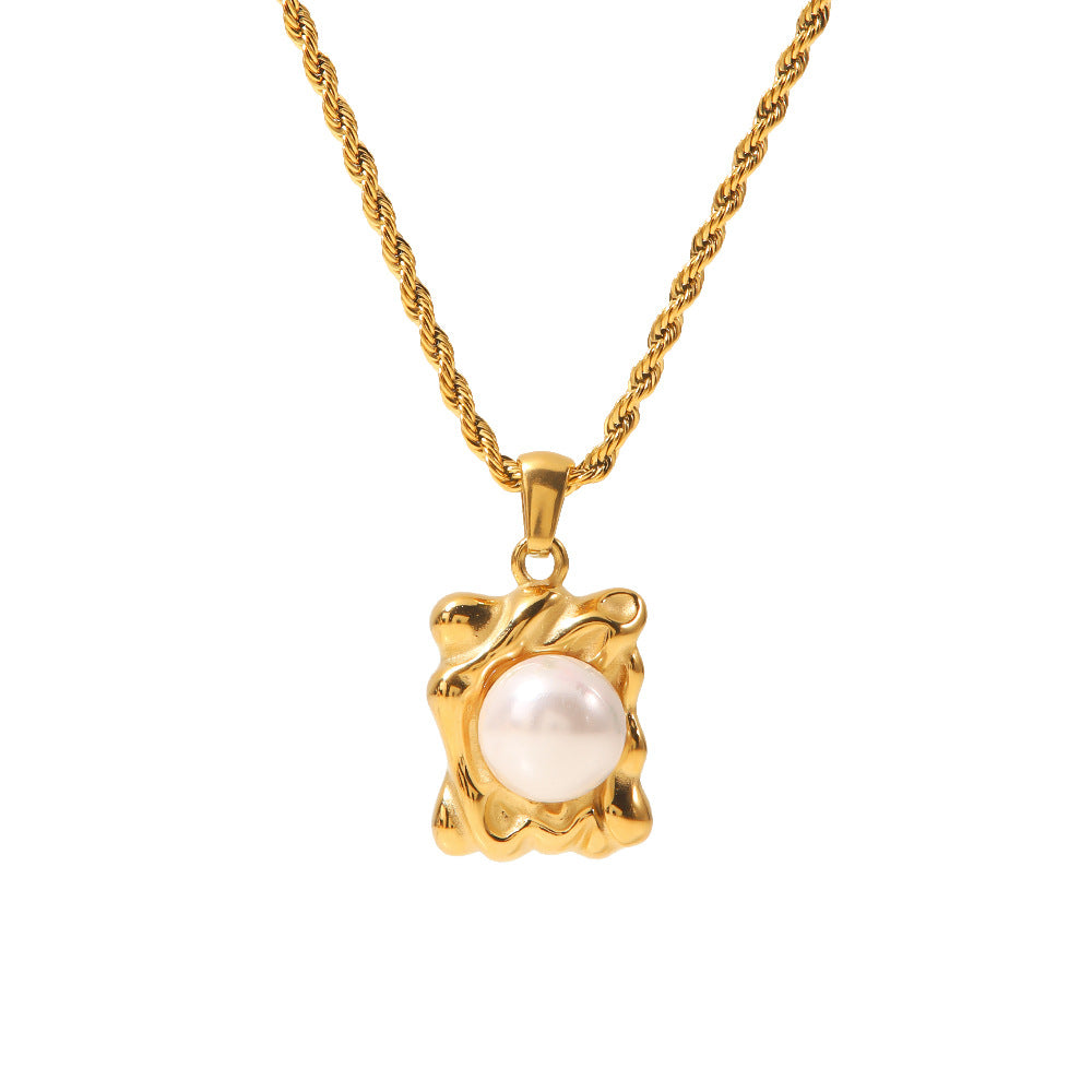 5pcs High-Grade Vintage Style Titanium Steel Necklace 18K Gold Not Fade Pearl Hammer Square Pendant Necklace For Women