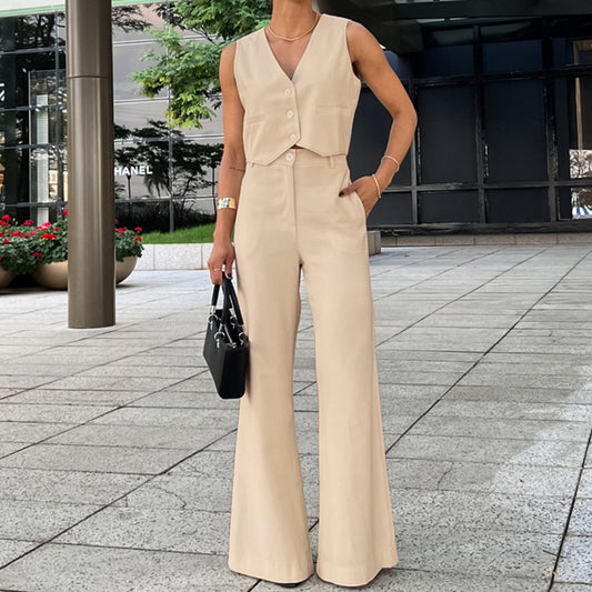 Khaki V-Neck Sleeveless Vest Set New Autumn Fashion Women's Two-Piece Set