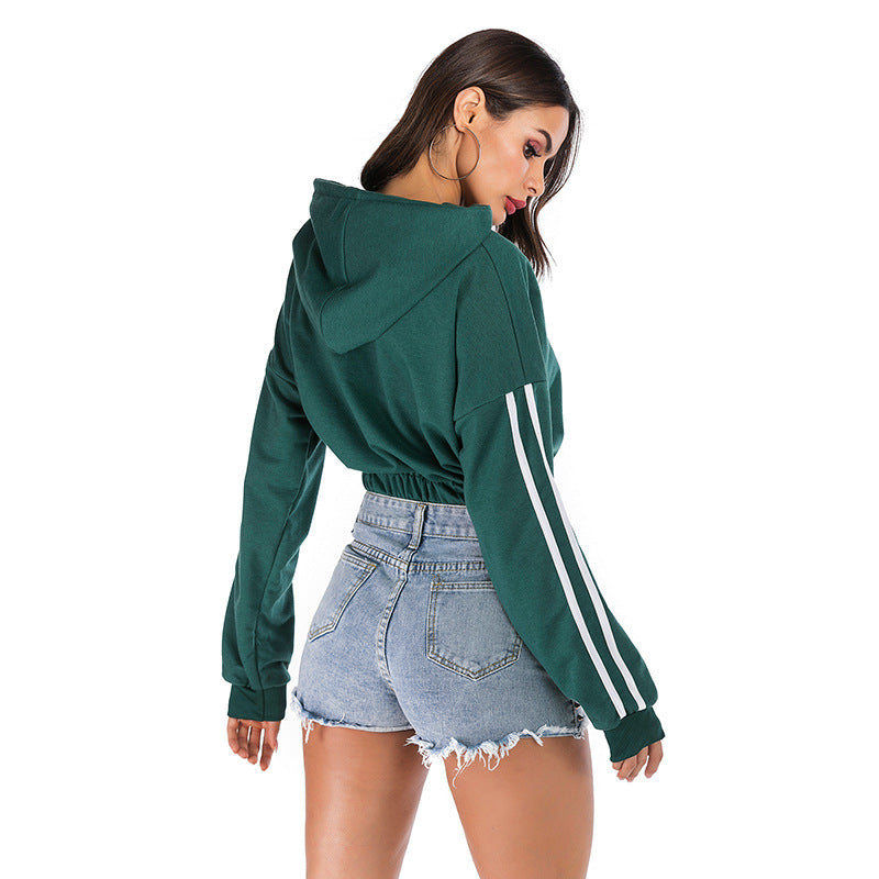 New Autumn Women's Sports Striped Green Short Long Sleeve Hooded Crop Hoodie Woman