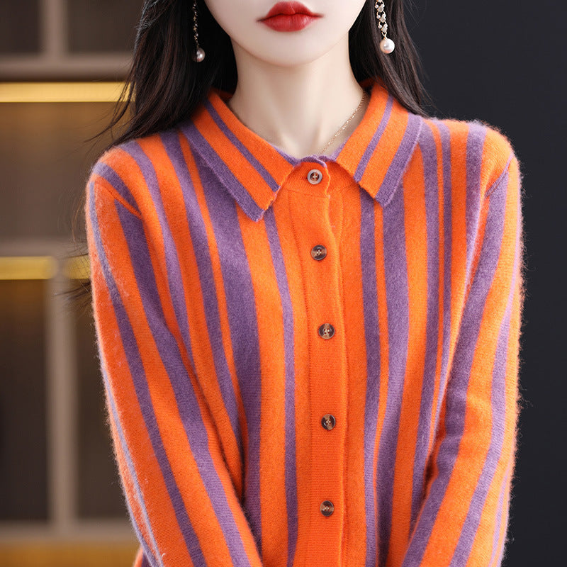 Spring And Autumn New Polo Collar Vertical Stripes Pure Wool Shirt Female Korean Version Patchwork All Matching Thin Wool Knitted Cardigan