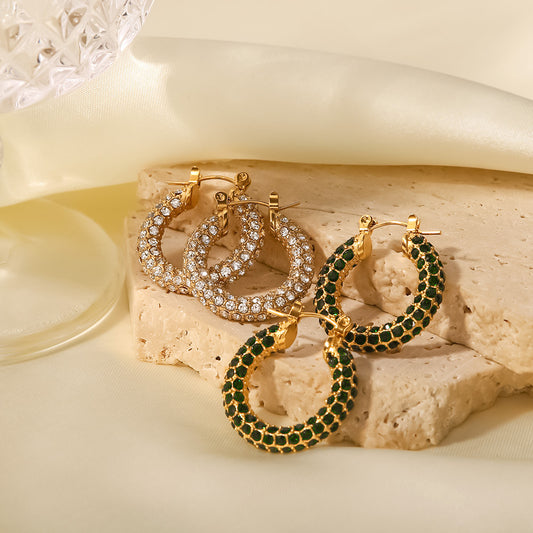 5pcs Fashion Women All Round Hoop Earrings Large Dense Inlaid White/Green Diamond Stainless Steel Earrings Jewelry
