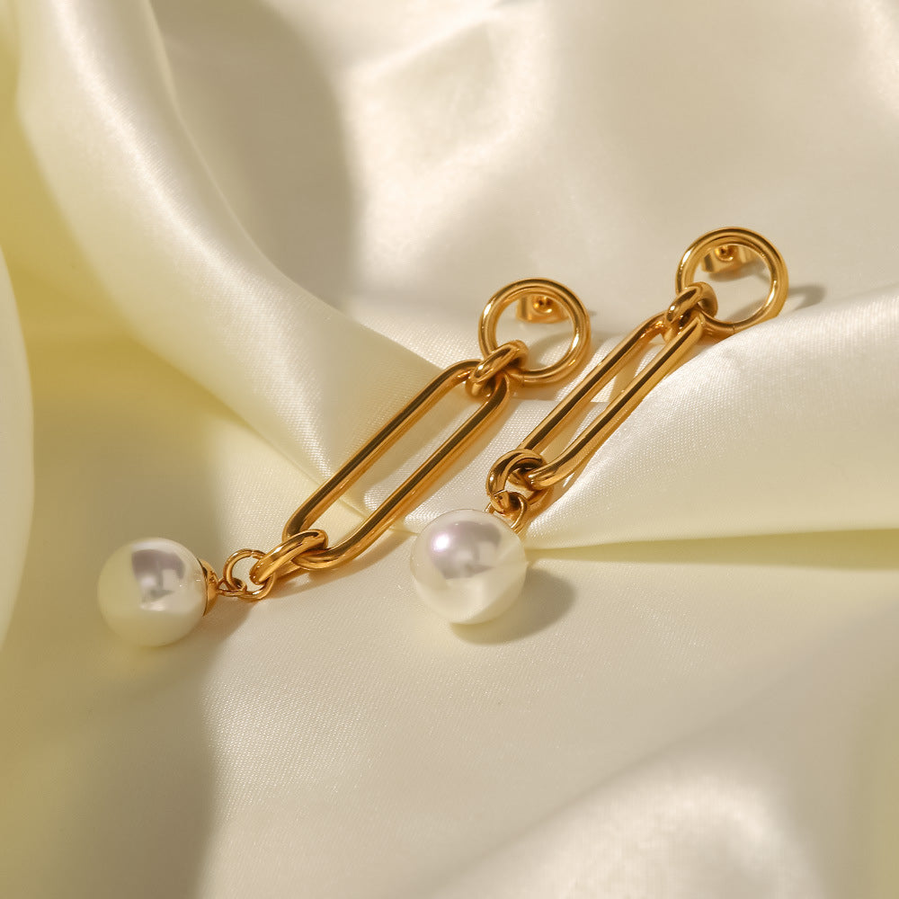 5pcs Titanium Steel Earrings Women's Fashion All-Match 18K Gold Plated Stainless Steel Exquisite Chain Pearl Pendant Earrings