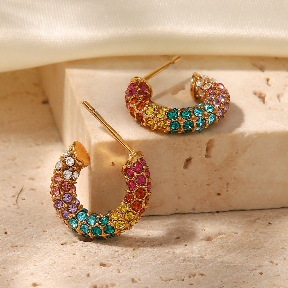 5pcs New Fashion Earrings 18K Gold Plated Stainless Steel Inlaid With Colored Zircon Ring Earrings