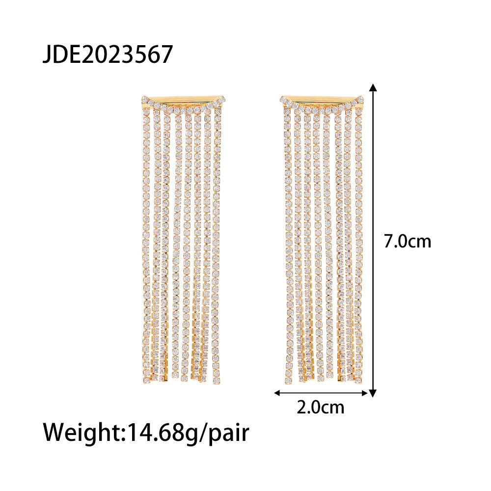 5pcs Stylish Diamond-Encrusted Geometric Long Chain Tassel Earrings 18K Gold-Plated Temperament Studs Design Sense Earrings For Women