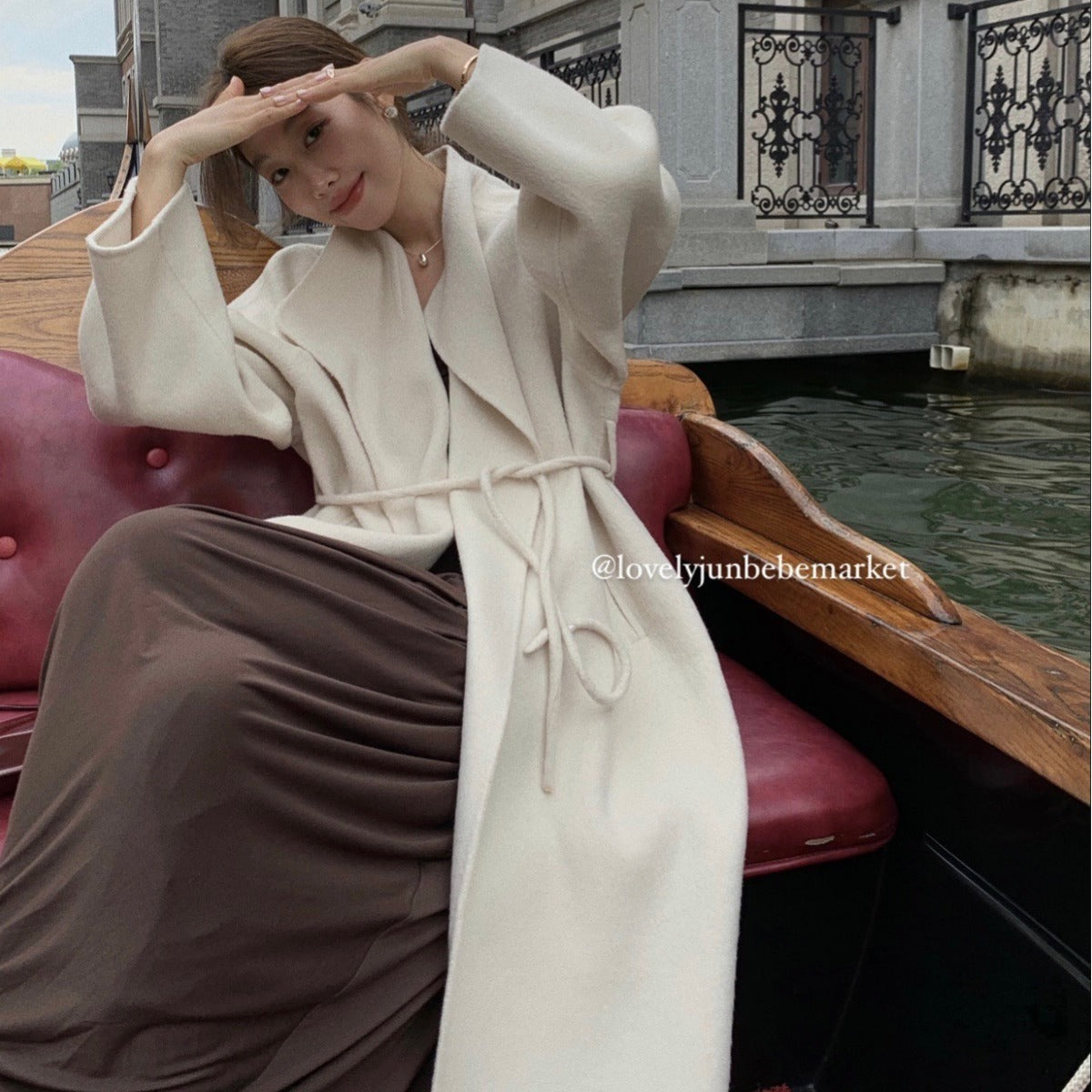 Autumn And Winter New Square Collar Plus Long Loose Bathrobe-Type Tie Long Wool Double-Sided Wool Coat For Women