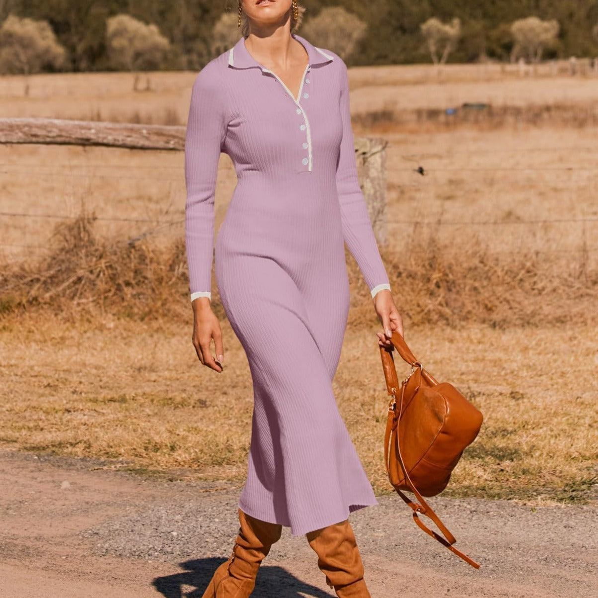 New Fashion Lapel Knitted Midi Skirt Slimming Temperament Cover Buttock Long-Sleeved Dress