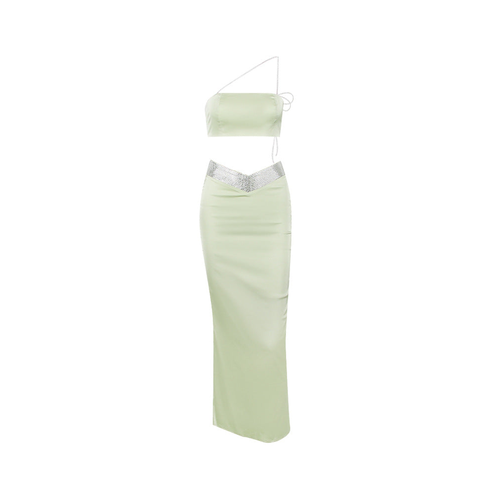 Women's Sexy Oblique One-Shoulder Diamond Chain Strapless Vest Long Skirt Set Spice Girl Nightclub Party Style Two-Piece Set