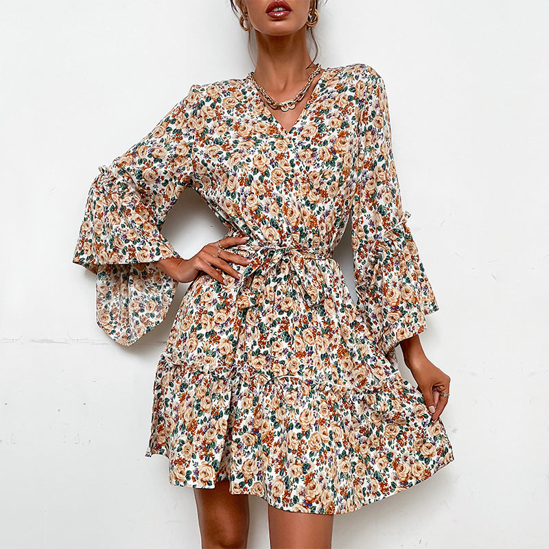 Fashion Women's New V-Neck Print Long-Sleeved Pre-Autumn Dress