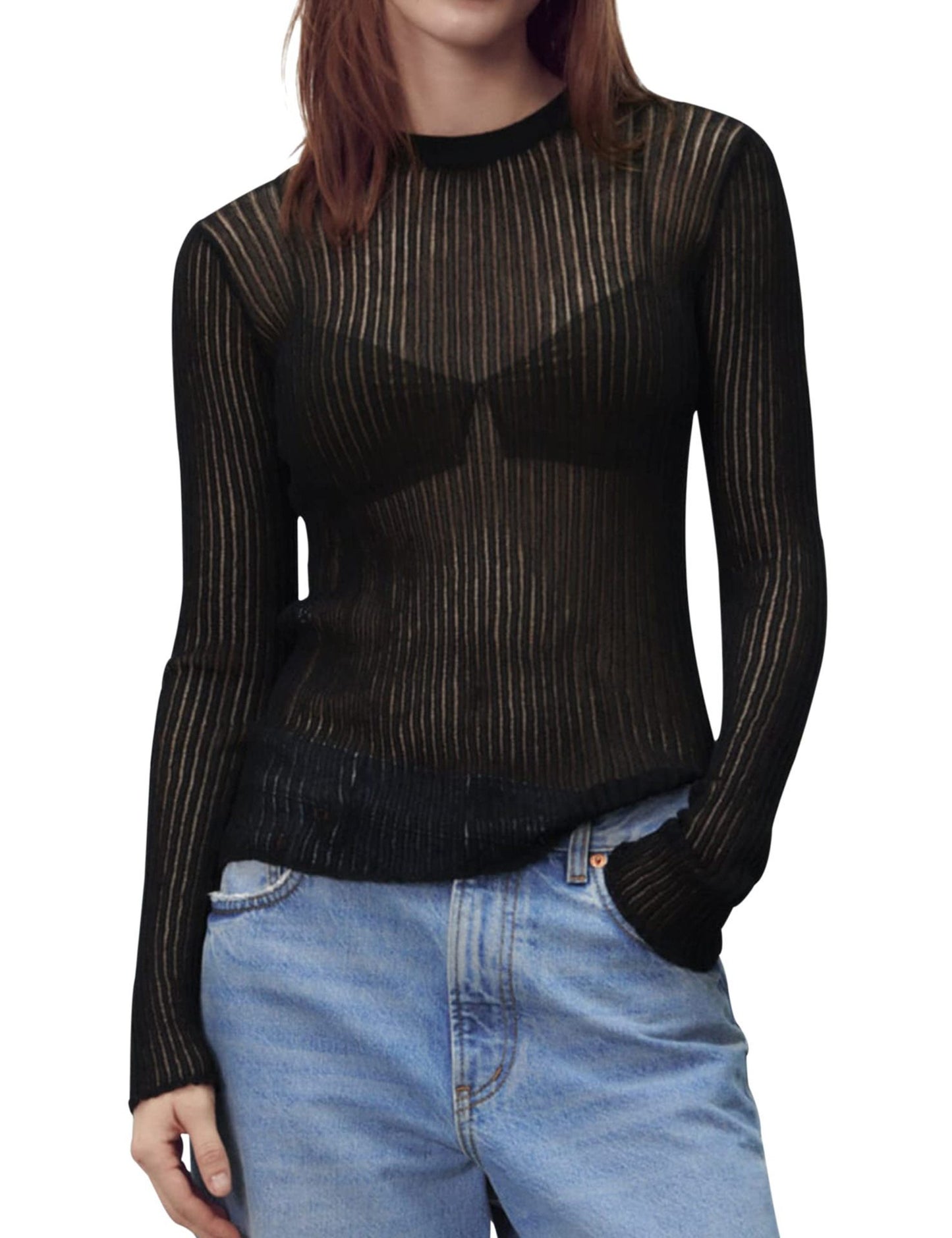 Spring And Summer New Solid Color Long Sleeve Pit Strip Round Neck Breathable Top For Women