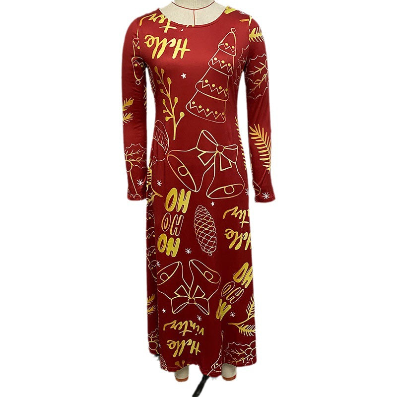 Hot Autumn Winter Long-Sleeved Christmas Casual Women's Dress Print Elegant Temperament