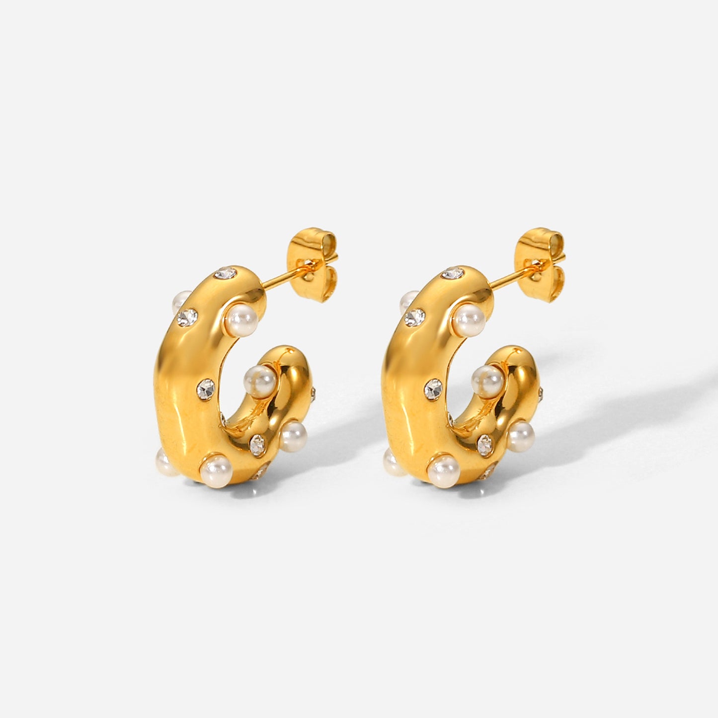 5pcs Fashion C-Shaped Earrings For Women 18K Gold Stainless Steel Hammer Set Zircon Earrings For Women