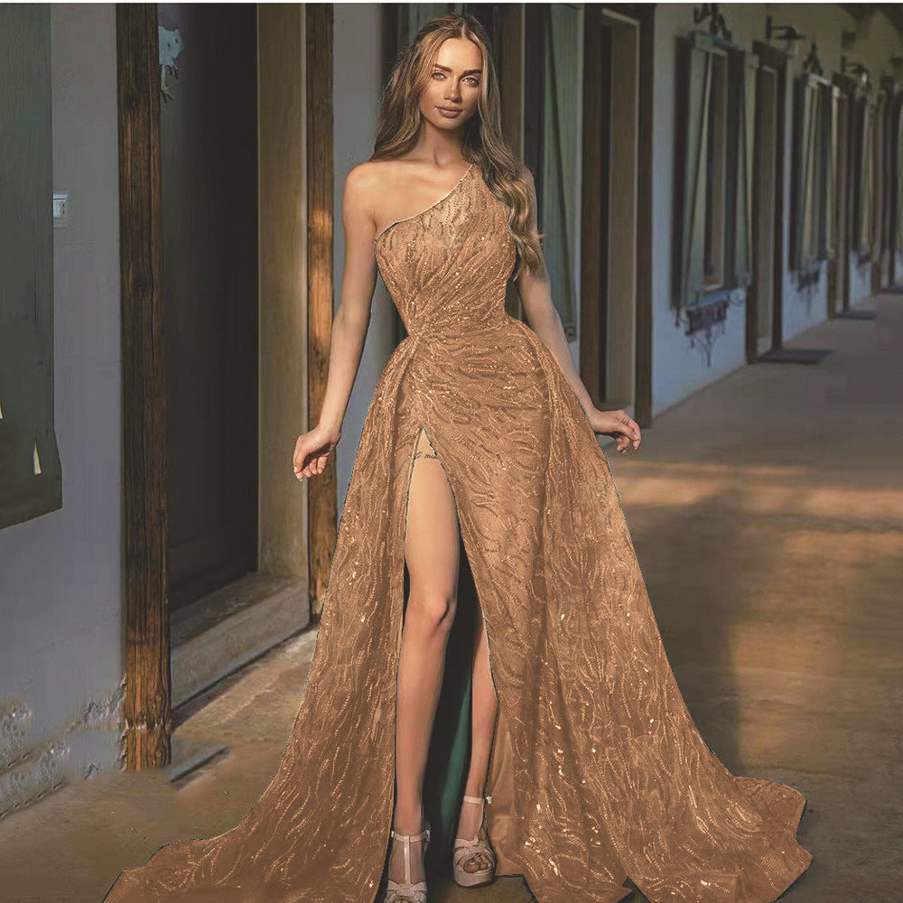 Spring And Summer New Women's Oblique Shoulder Slit Long Dress Toasting Dress Sequin Halter Evening Dress