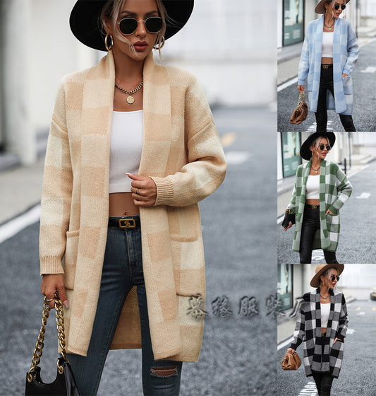 New Coat Loose Plaid Color Knitting Cardigan Fashion Sweater Women