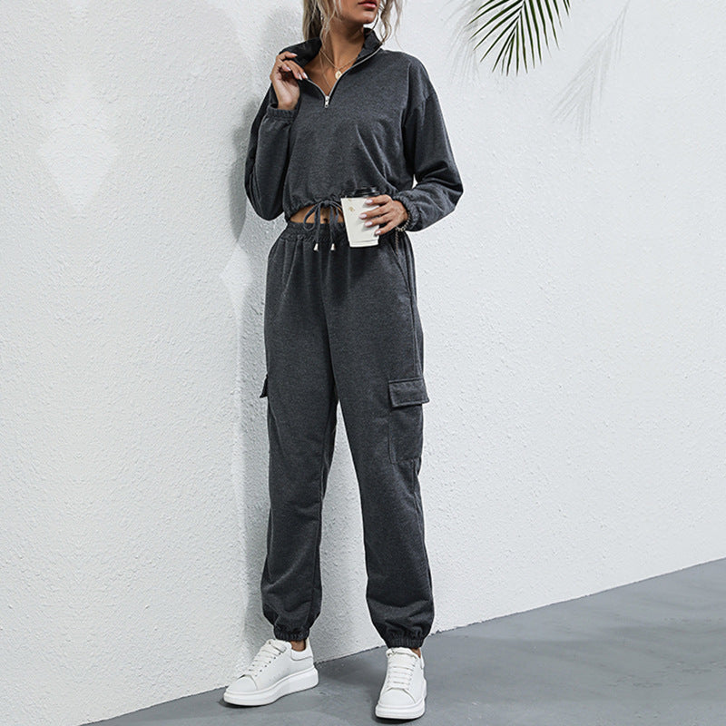 Fashion Trend Women's Two-Piece Solid Color Stand Collar Sports Casual Suit