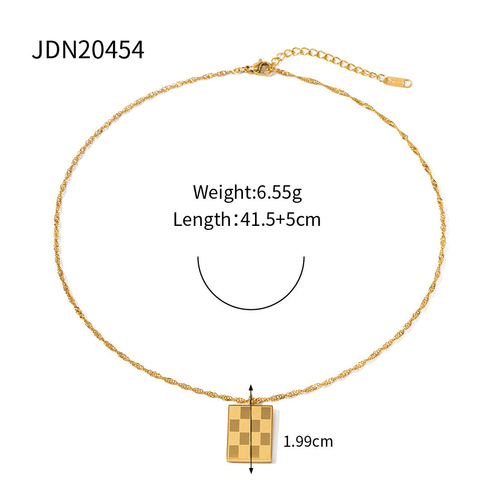 5pcs Vintage Square Checkerboard Pendant Necklace Stainless Steel Gold Plated Chain Simple Personality Style Necklace For Women