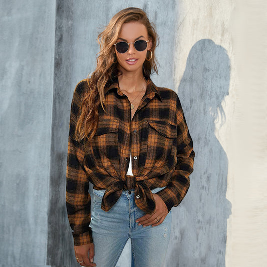 Large Size Women's Long-Sleeved Plaid Button-Down Shirt With Uniform Color And Uniform Size Coat