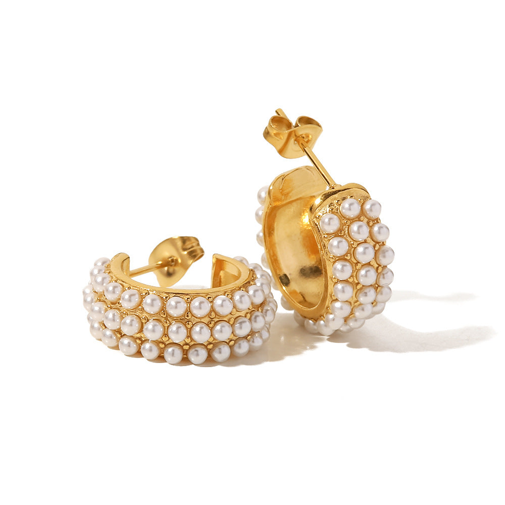 5pcs New Titanium Steel Earrings 18K Gold-Plated Stainless Steel C Shape Inlaid With White Pearl Women's Fashion All-Match Earrings